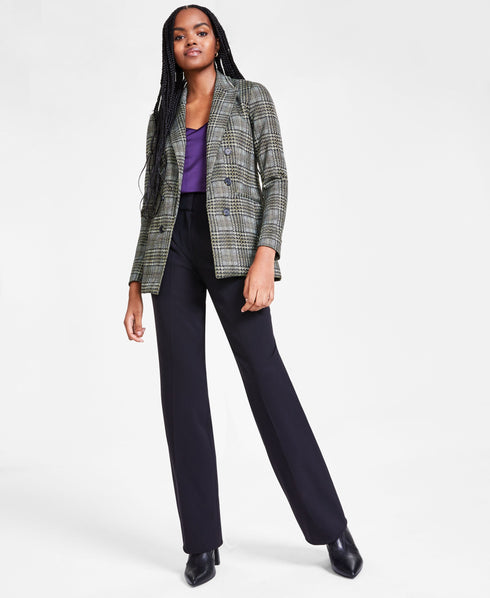 Women's Multi-Plaid Faux-Breasted Jacket, Satin Spaghetti-Strap Scoop-Neck Camisole & Pleated-Front Wide-Leg Pants